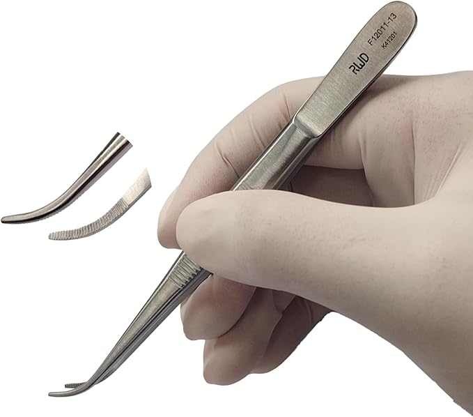 RWD Dressing Forceps 5", Martensitic Stainless Steel Medical Tweezers, 1.2mm Width Serrated Curved Tip, Micro Forceps Tweezer, Surgical Tweezer for High-Precision Handling (F12011-13)