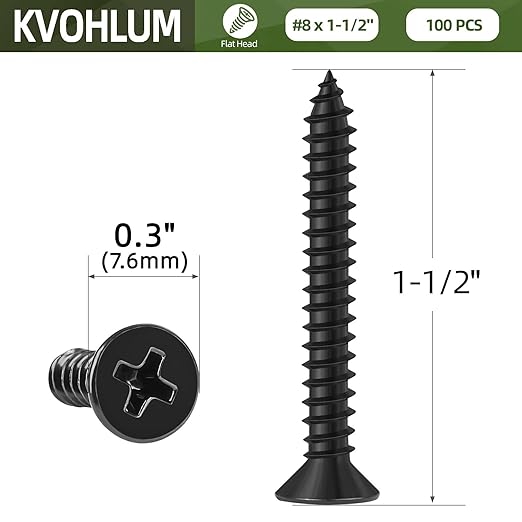 100 PCS #8 x 1-1/2" Black Sheet Metal Screws, Flat Head Phillips Fast Self Tapping Screws, Countersunk Head Wood Screws, Carbon Steel, Screwdriver Bit Included