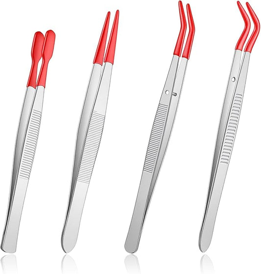 4 Pcs Tweezers with Rubber Tips Rubber Long Bent and Straight Flat Tip Long Bent Tweezer PVC Coated Precision Tweezers for Stamps Coins Jewelry Crafts Industrial Electronic Lab