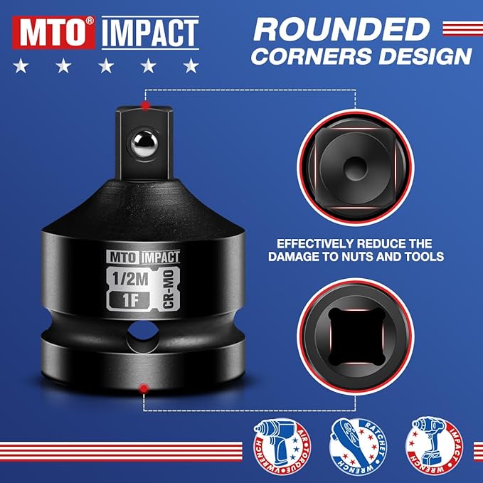 MTO 1" Female to 1/2" Male Impact Socket Adapter, 1-Inch Impact Socket Reducer, Chrome Molybdenum Alloy Steel, for Impact Wrench & Ratchet Use