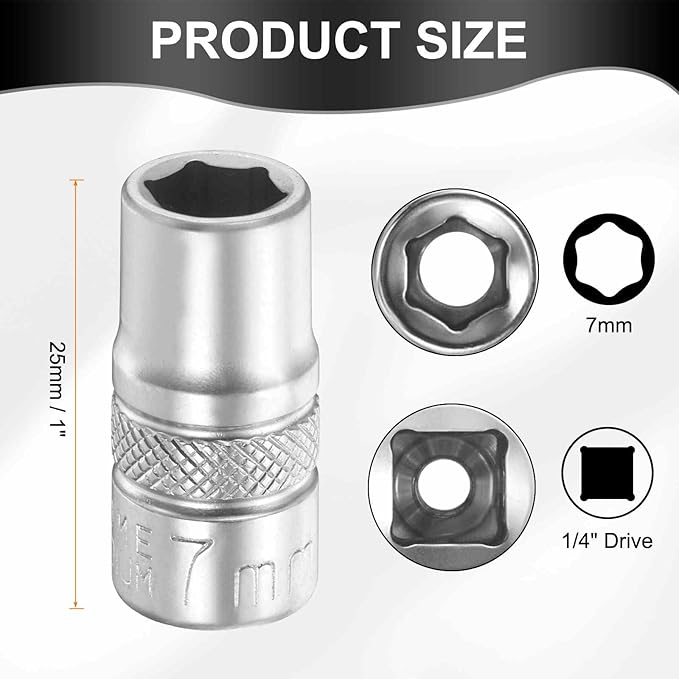HARFINGTON 6 Points Deep Socket 1/4" Drive 7mm Deep Metric CR-V Steel Polished Nickel Plating Flip Sleeve 25mm / 1" Extra Long Socket Tool for Home Auto Nuts Bolts Repair