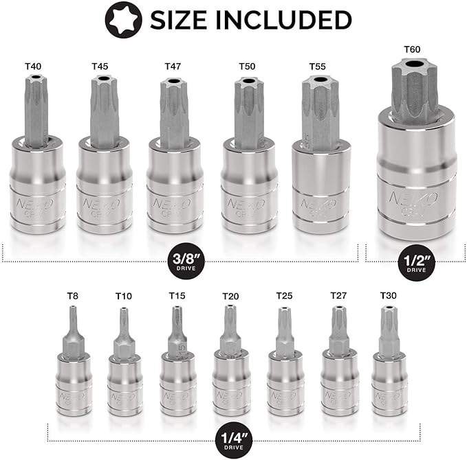 NEIKO 10073A Tamper Proof Torx Bit Socket Set |13-Piece | S2 Steel Bits & Cr-V Steel Sockets | TT8 ??TT60