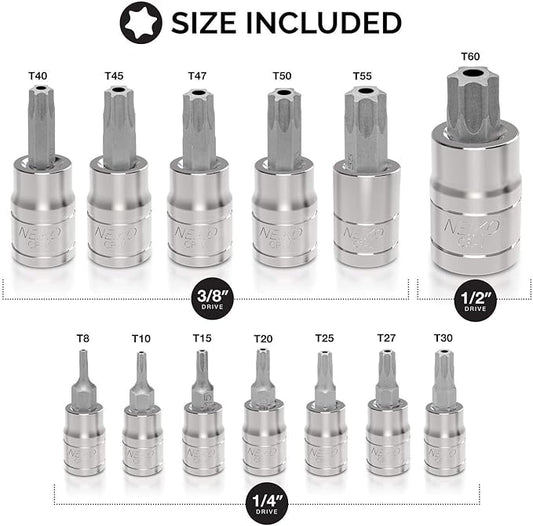 NEIKO 10073A Tamper Proof Torx Bit Socket Set |13-Piece | S2 Steel Bits & Cr-V Steel Sockets | TT8 ??TT60