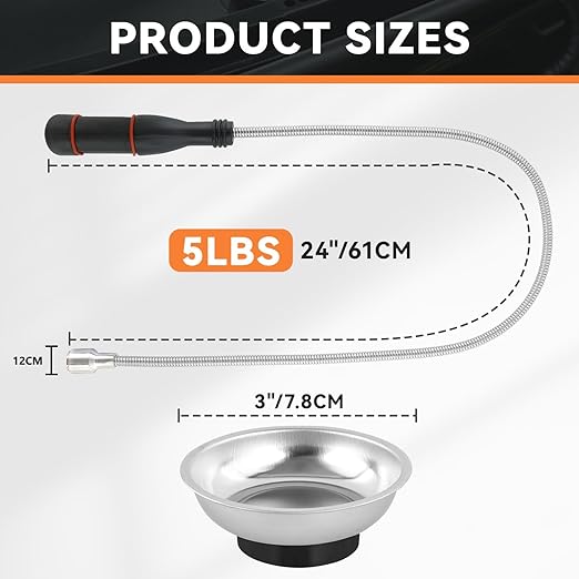 Flexible Magnetic Pickup Tool with Magnetic Parts Tray, 5LB Pull Force, 24” Bend-It Flexible Magnet Pick-Up Sweeper Bendable Retriever Stick for Hard-to-Reach Home Sink Drains, Car Keys