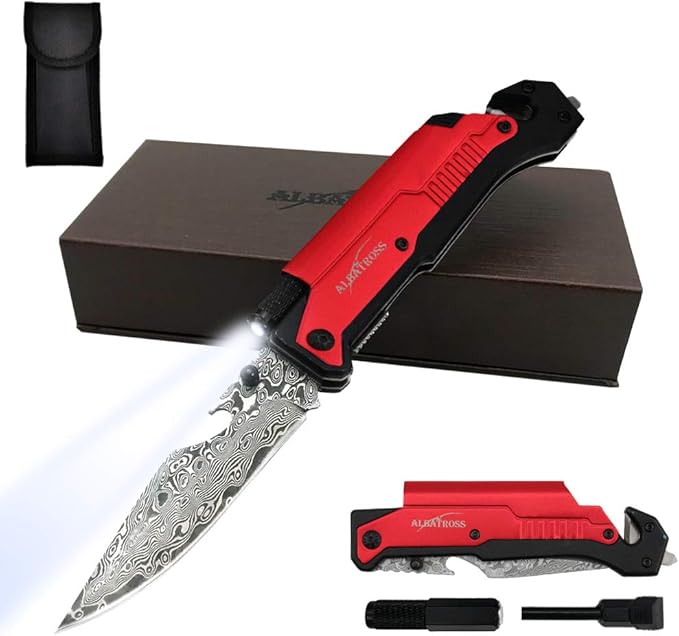 ALBATROSS 6-in-1 Modern Damascus Steel Folding Pocket Knives with LED Light,Seatbelt Cutter,Glass Breaker,Magnesium Fire Starter,Bottle Opener;Multi-Function Emergency Tool(Red-DA)