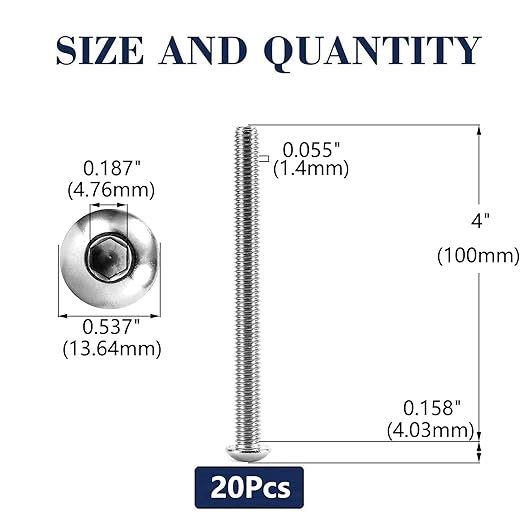 5/16-18 x 4" Button Head Socket Cap Bolts Screws, 20Pcs 304 Stainless Steel 18-8, Allen Hex Drive, Bright Finish by SG TZH(with Hex Spanner)
