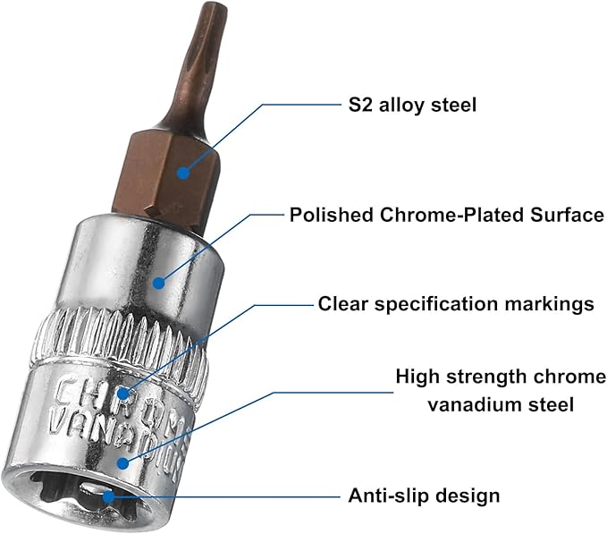 uxcell 3pcs 1/4" Drive x T8 Torx Bit Socket, S2 Steel Bits CR-V Sockets 38mm Length Use with Ratchet Wrench, Slide Bar, Extension Rod