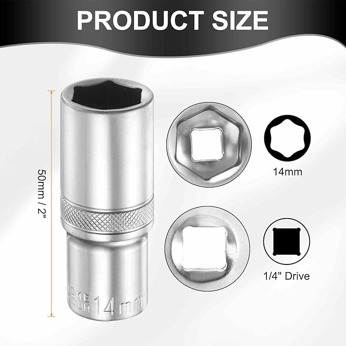 HARFINGTON 6 Points Deep Socket 1/4" Drive 14mm Deep Metric CR-V Steel Polished Nickel Plating Flip Sleeve 50mm / 2" Extra Long Socket Tool for Home Auto Nuts Bolts Repair