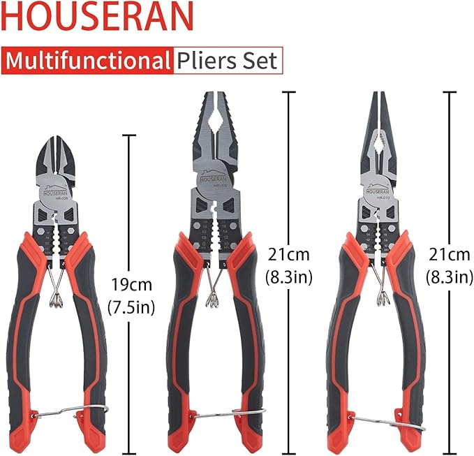 Pliers Set, HOUSERAN 3-Piece Plier Tool Set Including 8.3??Needle Nose Plierss, 8.3??Linemans pliers, 7.5??Diagonal Cutters, Spring Loaded with Safety Lock, Combination Plieres set
