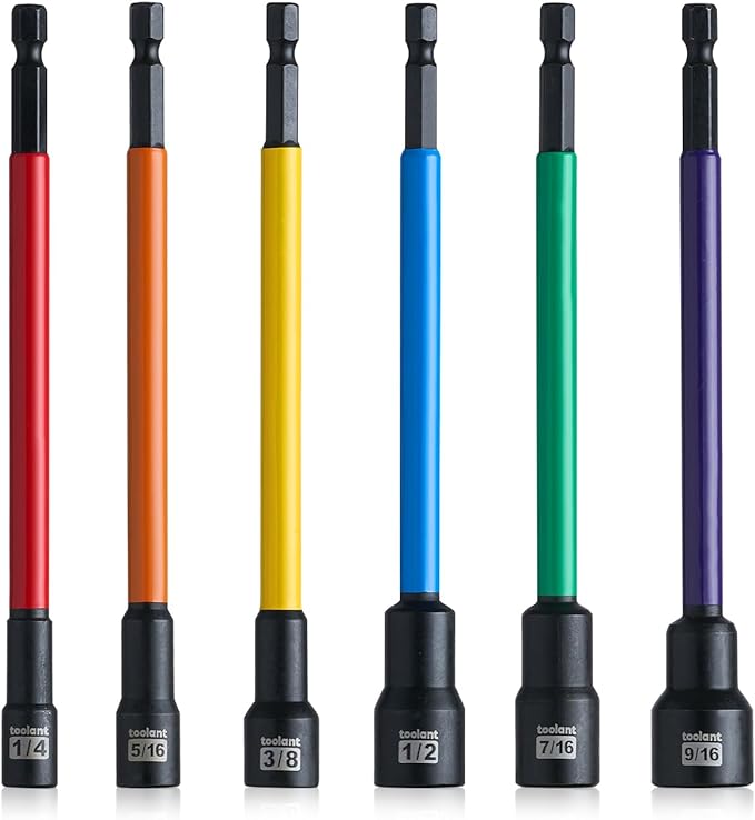 toolant Extra Long Nut Driver Bit Set, 6PCS SAE/Metric Magnetic Nut Driver Set 1/4''~9/16'' Nut Driver, 1/4'' Quick Change
