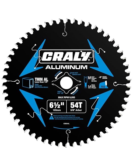 CRALY 6-1/2 Inch 54 Teeth Aluminum and Non-Ferrous Metal Cutting Circular Saw Blade, 5/8 Inch Arbor, Carbide Tipped, Thin Kerf, Black Ice Coating, for Thin Aluminum, Plastic, Composite(C0654AL)