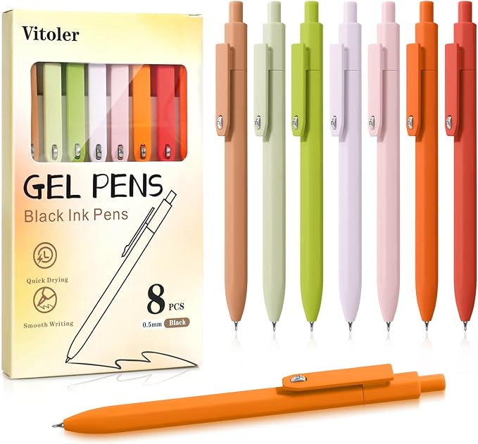 Vitoler Pens,0.5 mm Black Gel Pens,8pcs Quick Dry Smooth Writing Pen,Fine Point Pen for Journaling Bible School Office Supplies,Stocking Stuffers Pretty Pens for Women/Nurses