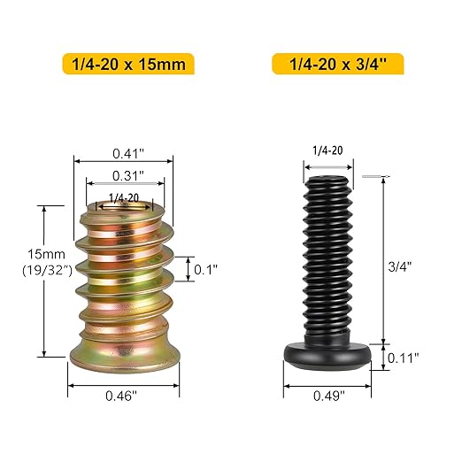 Threaded Inserts and Bolts Set, 40 Sets, 1/4-20 x 19/32" Threaded Inserts for Wood, 1/4-20 x 3/4" Furniture Screws, 1/4 Bolt Flat Head 304 Stainless Steel, Hex Socket Drive, 2Pcs Hex Wrench