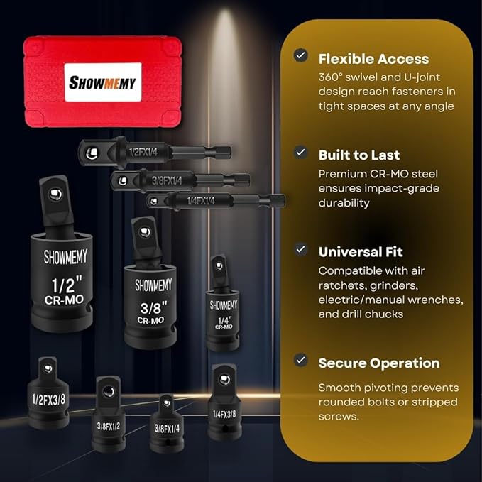 Universal Joint-Socket, 10 Pcs Impact Swivel Socket Set with 3 Pcs Impact Socket Adapter, and 4 Pcs Reducer Set(1/2" to 3/8"), Cr-Mo Steel, 1/4-Inch, 3/8-Inch, 1/2-Inch Drive/Adapter