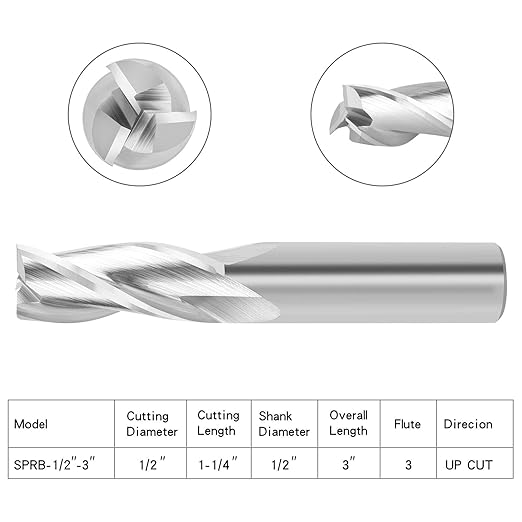 Upcut Spiral Router Bit 3-Flute with 1/2” Shank, 1/2” Cutting Diameter, 1-1/4” Cutting Length, Carbide CNC Router Bits End Mill for Wood Mortises Carving Engraving (3 inch Total Length)