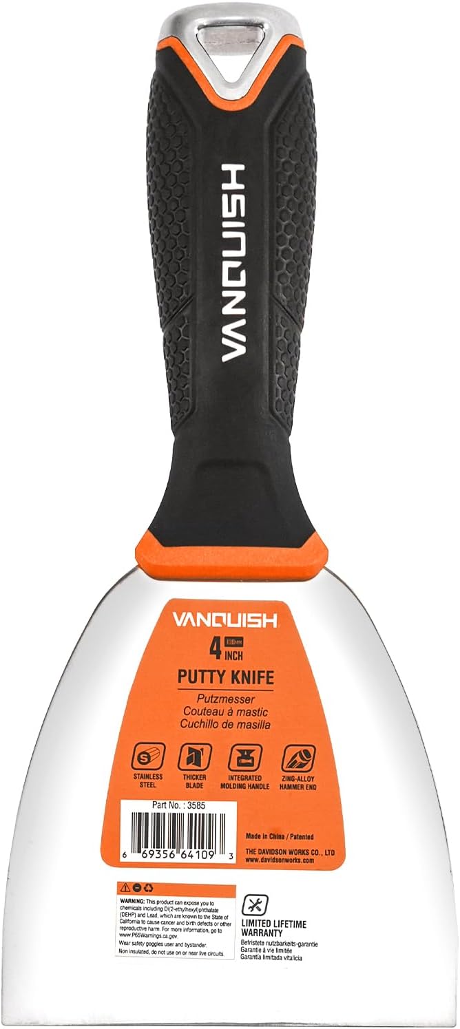VANQUISH Stainless Steel Putty Knife, 4 Inch Paint Scraper with Soft Grip Handle and Metal Hammer End for Drywall Spackle, Taping, Scraping Paint 3585