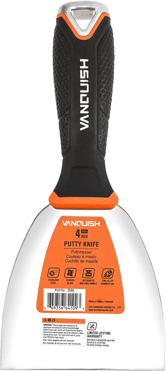 VANQUISH Stainless Steel Putty Knife, 4 Inch Paint Scraper with Soft Grip Handle and Metal Hammer End for Drywall Spackle, Taping, Scraping Paint 3585
