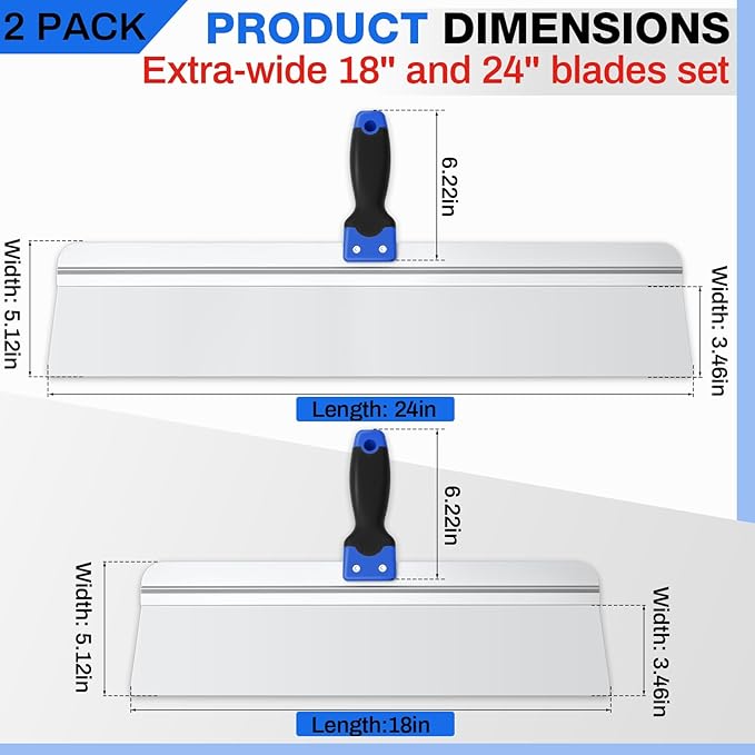 2 Pcs 18" and 24" Stainless Steel Drywall Taping Knife Set Drywall Skimming Blade with Soft Grip Handle for Dry Wall Paint Scraper, Putty Knife, Taping Tools