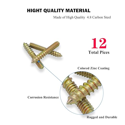 12 Pack 1/4-20 x 1-1/2 Inch Hanger Bolts 1/4-20" Double Headed Bolts 1/4 Wood Dowel Screw Self-Tapping Screw Hanger Bolts for Furniture Double Head Threaded Rods Bolt 37mm Length