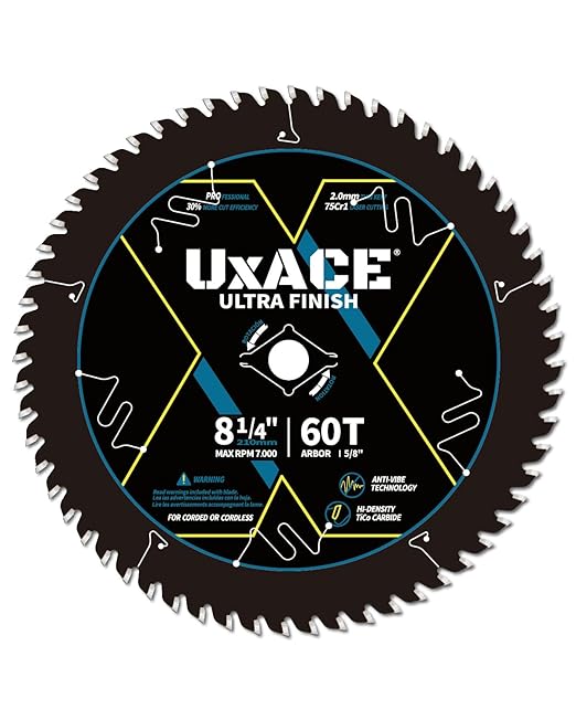 UXACE 8-1/4-Inch 60-Tooth Circular Saw Blade with 5/8-Inch Arbor, Ultra Finish Wood Cutting, Carbide Tip, Thin Kerf, for Plywood, MDF, OSB, Laminated