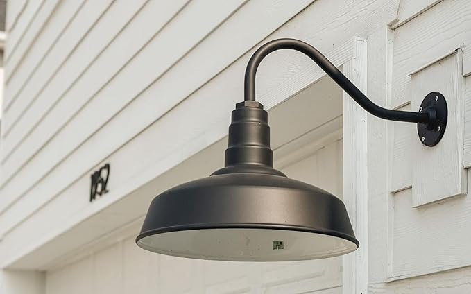 Steel Lighting Co. | Dusk to Dawn | Gardena Barn Light | Outdoor Wall Mounted | 16" Dome | 11" Gooseneck | Farmhouse Light Made in America | Dark Bronze/Dark Bronze