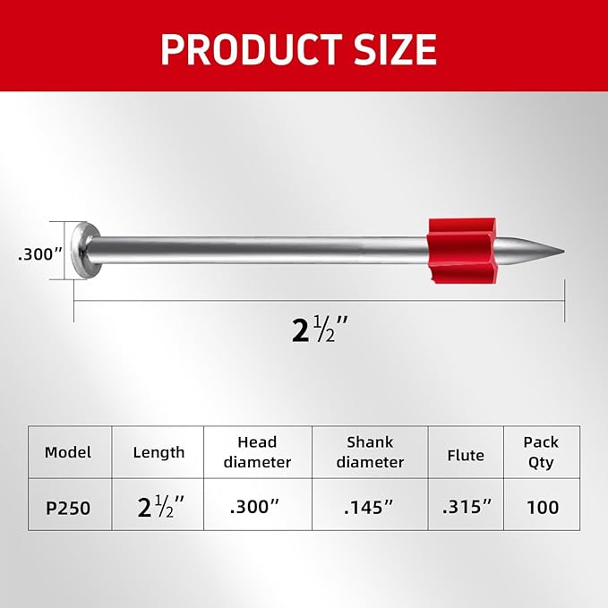 2-1/2" Powder Actuated Fasteners with .300 Head .145" Shank and Flute for Powder Fastening & Power Framing Systems, 100 Pack