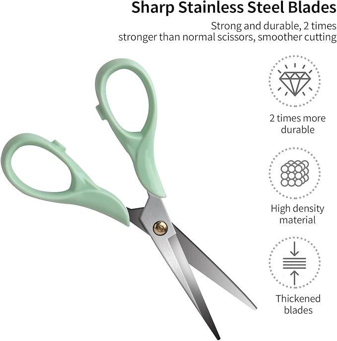 All-Purpose 6.3" Small Scissors, Stainless Steel Blade with Acrylic Handle, Craft Scissor for Office, School, Home, Fabric, Tijeras, Green
