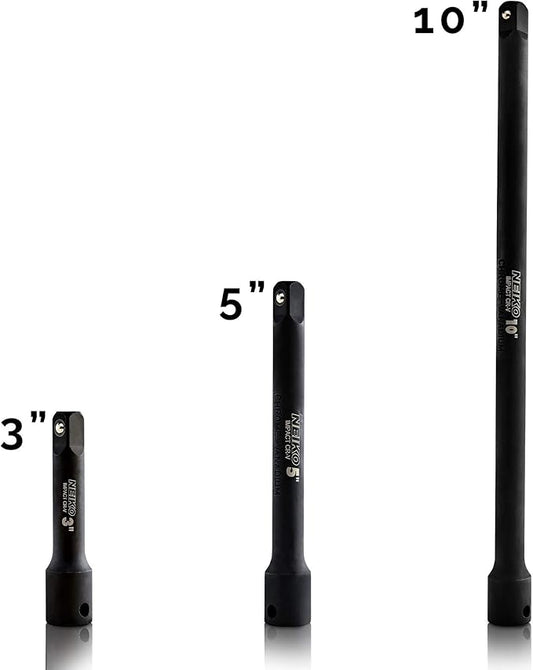 NEIKO 00234A 3/8-Inch-Drive Impact Extension-Bar Set, Made with CrV Steel, 3-Inch, 5-Inch, and 10-Inch Sizes, 3-Piece Set