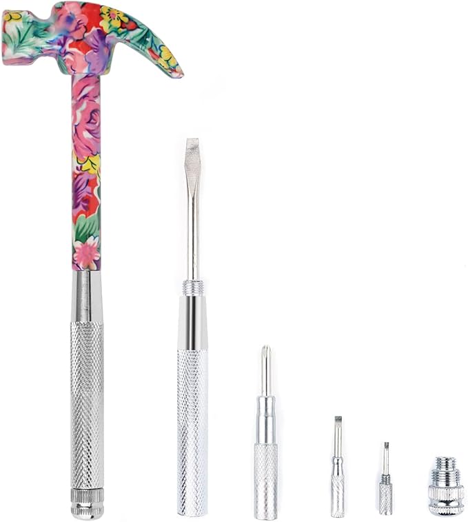 YOUMI 6 in 1 Multifunctional Floral Hammer & Screwdriver Tool Set Claw Hammer with Slotted/Flat Head Phillips Screwdriver Nail Puller Best Christmas Thanksgiving Halloween Gift for Her(Pink)