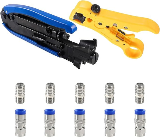 Coax Cable Crimper Tool Kit Coaxial Cable Crimping Tool Adjustable RG6 RG59 RG11 75-5 75-7 Coaxial Cable Stripper with 5PCS RG6 F Type Connector + 5PCS Coaxial Extension Adapter