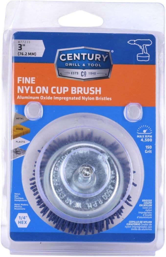 Century Drill & Tool 77233 3" Fine Nylon End Brush, 150 Grit, 1/4" Quick Change Shank, 4,500 RPM - Nylon Bristles for Metal, Wood, Plastic, Masonry