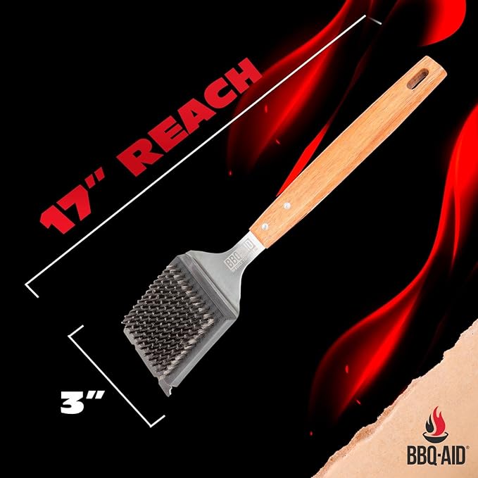 BBQ-Aid Grill Brush and Scraper for Barbecue ??Grill Brush for Outdoor Grill with Extended, Large Wooden Handle and Replaceable Stainless Steel Bristles Head ?밡o Scratch- BBQ Grill Brush for Any Grill