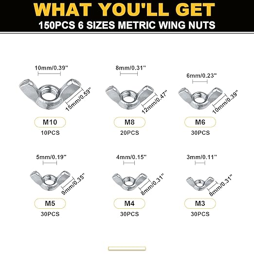 Siptenk Wing Nuts 300PCS, Metric & SAE Wingnuts 12 Assorted Sizes Carbon Steel Zinc Plated Butterfly Wing Nut M3-M10 6-32 to 3/8"-16 Fasteners Hardware Assortment Kit