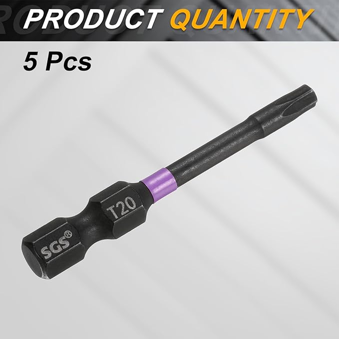 HARFINGTON 5pcs T20 Torx Head Impact Screwdriver Bits 1/4" Hex Shank 2" (50mm) Long Magnetic No Hole Tamper Proof 6 Point Star Screw Driver Drill Bits Phosphate S2 Steel Power Tools