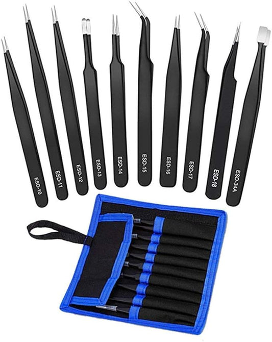 Tweezers Precision Set,Easily Life 10pcs ESD Tweezers Set, Anti Static Stainless Steel Anti Magnetic Tweezers Set with Storage Bag for Craft,Electronics Repair,jewelry repair,Laboratory Work,etc