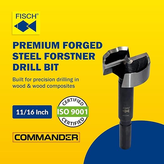 Fisch Black Shark Forged Steel Forstner Drill Bit for Woodworking, Precision Wave Design, Clean Cuts in Hardwoods, MDF, and Plywood, FSA-381020, Made in Austria (11/16 inches)