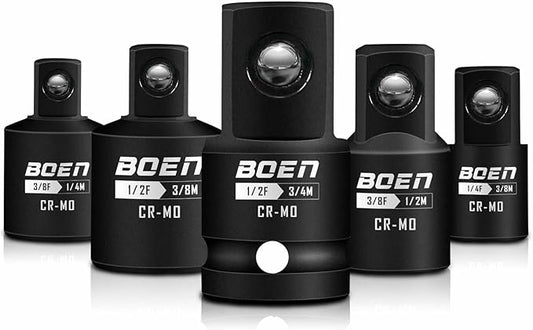 BOEN 5 Piece Impact Socket Adapter Set and Reducer Set, Standard SAE, 1/4", 3/8", 1/2" Drive Socket Adapter Set, CR-MO Steel Impact Adapter Conversion Set for Impact Driver Wrench