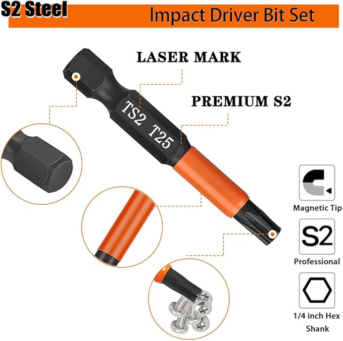 10 Pieces Impact Phillips Bit #2 PH2 Bit and 10 Pieces T25 Torx Bits, Magnetic 2 Phillips Screwdriver Bits and T-25 Star Bits Set, 2 inch Long Impact Driver Bits, 1/4 Hex Shank Screw Driver Bit