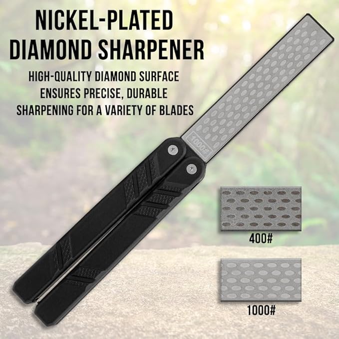 Max Edge Black Sharpener | 5 3/8" Compact Folded Size | Diamond-Coated Sharpening Surface | Textured Handle for Grip | Dual-Grit 400/1000 Stone | 9 1/8" Overall Length When Open