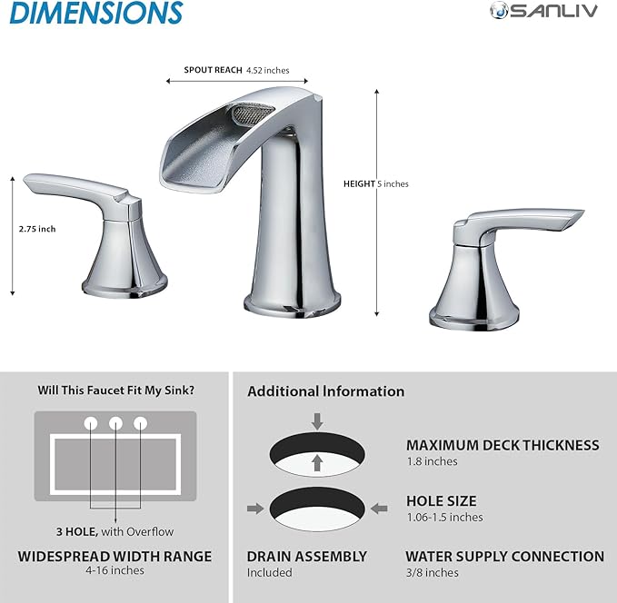 Chrome Waterfall Bathroom Faucet, Sanliv 3-Piece Widespread Bathroom Sink Faucets, 2-Handle Vanity Faucet for 3-Hole Sinks 4-8 Inch with Pop-Up Drain, ?랶olished Chrome