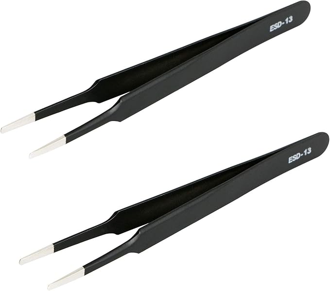 Aoje-Link ESD-13 Professional Anti-Static Precision Technology Tweezers, Non-magnetic Flat and Round, Stainless Steel Plastic Coated, Full Length 120mm, Black, 2pcs