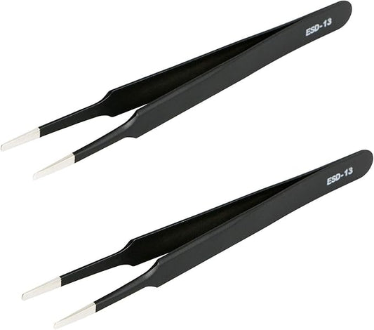Aoje-Link ESD-13 Professional Anti-Static Precision Technology Tweezers, Non-magnetic Flat and Round, Stainless Steel Plastic Coated, Full Length 120mm, Black, 2pcs
