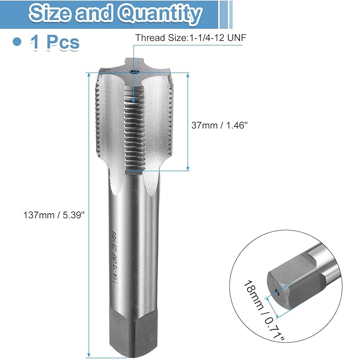 uxcell Hand Bottom Tap 1-1/4-12 UNF 2B Thread Bottoming Style Threading Taps High Speed Steel HSS6542 Straight Flutes Screw Tapping Tool