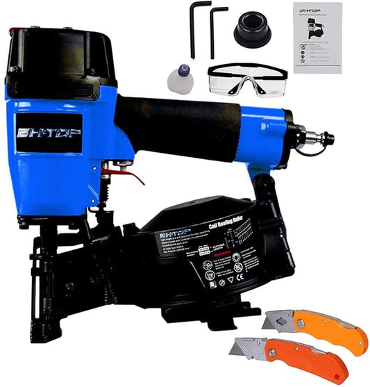 BHTOP CN45N Roofing Nailer with Roofing Knive, 15 Degree Roofing Nail Gun, 3/4-Inch to 1-3/4-Inch Coil Nails, 120-pcs Load Capacity Coil Nailer in Blue