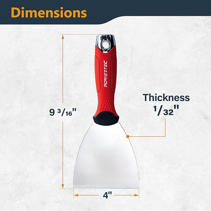 POWERTEC 6-Inch Stainless Steel Drywall Joint Knife - Flexible Blade, Soft Grip, for Patching, Taping, Scraping (72173)