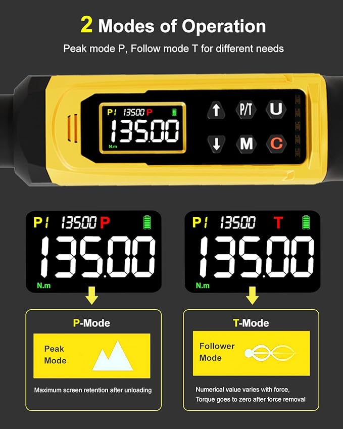 Digital Torque Wrench 3/8" Drive, 1.5-99.5 FT.Lb - 5 Units with Color Screen, Vibration/Buzzer/LED, 5" Extension & 3/8 to 1/2 Adapter, 3/8 Torque Wrench 짹2% Accuracy for Car, Motorcycle, Bike Repair