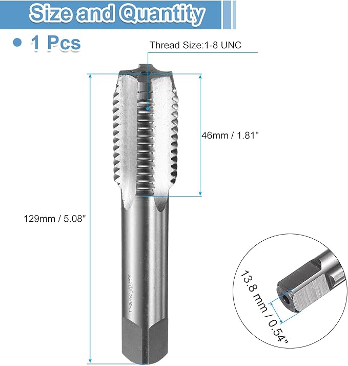uxcell Hand Bottom Tap 1-8 UNC 2B Thread Bottoming Style Threading Taps High Speed Steel HSS6542 Straight Flutes Screw Tapping Tool