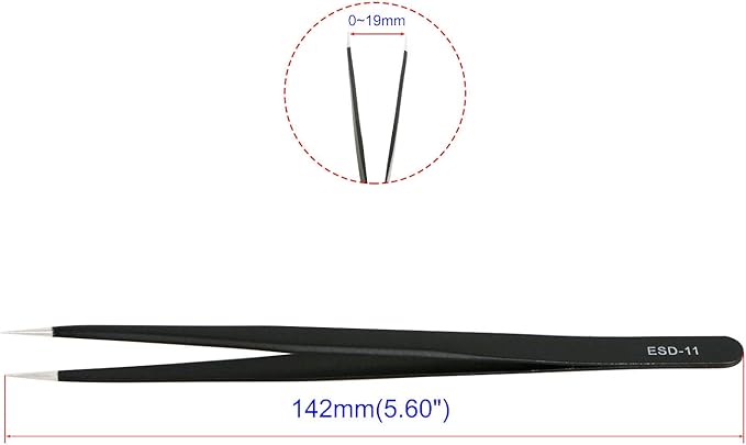 Aoje-Link ESD-11 Professional Anti-Static Precision Technology Tweezers, Non-magnetic Fine Tip Straight, Stainless Steel Plastic Coated, Full Length 142mm, Black, 2pcs