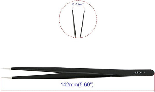 Aoje-Link ESD-11 Professional Anti-Static Precision Technology Tweezers, Non-magnetic Fine Tip Straight, Stainless Steel Plastic Coated, Full Length 142mm, Black, 2pcs