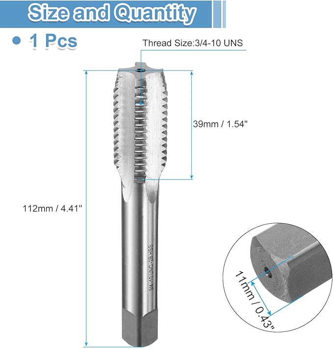 uxcell Hand Bottom Tap 3/4-10 UNS 2B Thread Bottoming Style Threading Taps High Speed Steel HSS6542 Straight Flutes Screw Tapping Tool